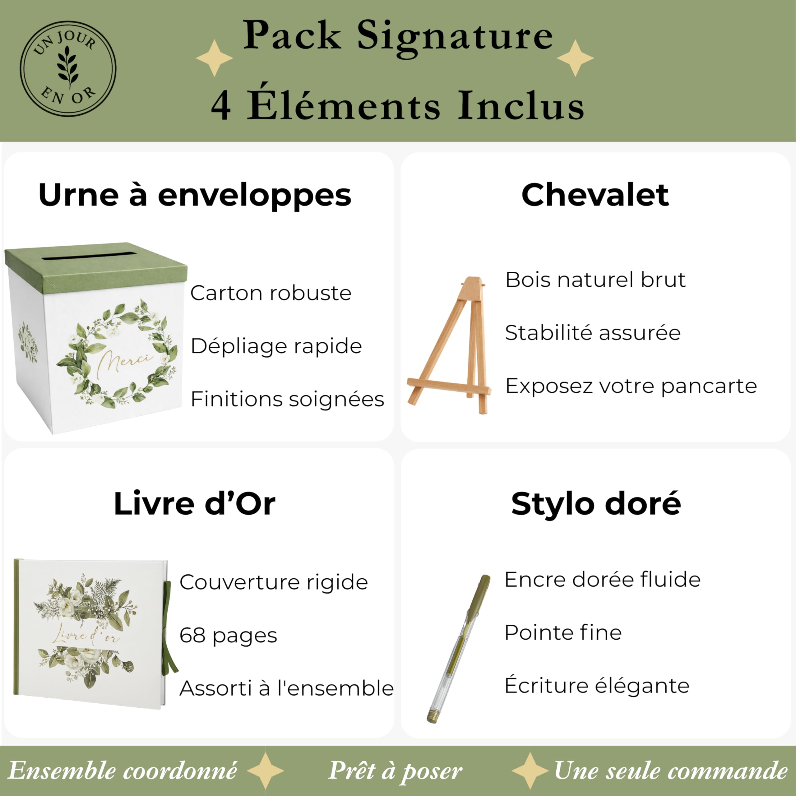 Pack Signature Vert et Or : 4 éléments (Urne Merci, Livre d’or, Stylo encre doré, Chevalet en bois) pour mariage, baptême, anniversaire, départ en retraite et toutes célébrations