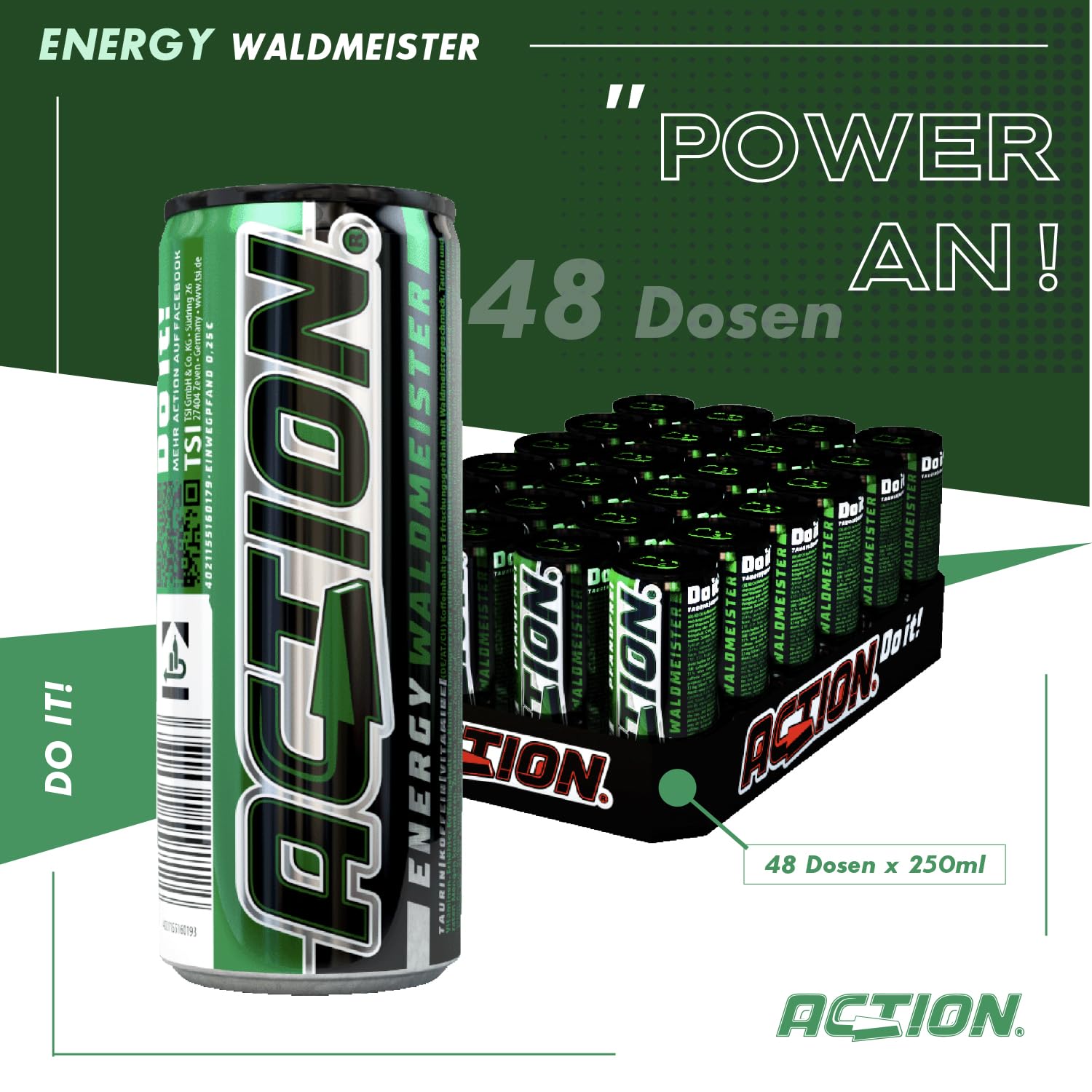 ACT!ON Action Energy Drink Waldmeister (48 x 250 ml) incluye depósito – Refresco con sabor a madera – patata energética con mayor contenido de cafeína 32 mg/100 ml de cafeína para mejorar el enfoque