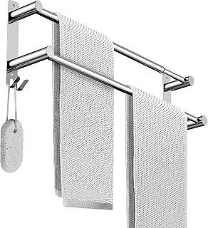 BIGLUFU Stretchable 17-31 Inches Double Bath Towel Bar Bathroom Towel Rack Hooks Kitchen Hand Towel Holder Dish Cloths Hanger SUS304 Stainless Steel Wall Mounted No Drill Space Saving 2-Bar Silver