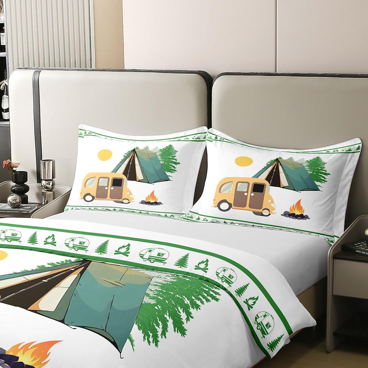 Homewish RV Happy Camping Pościel Pojedynczy Camper Decor Coton Poszewka Na Kołdrę Rustykalny Dom Wiejski Poszewka Na Kołdrę Sosna Ognisko Zestawy Łóżek Zielona Biała