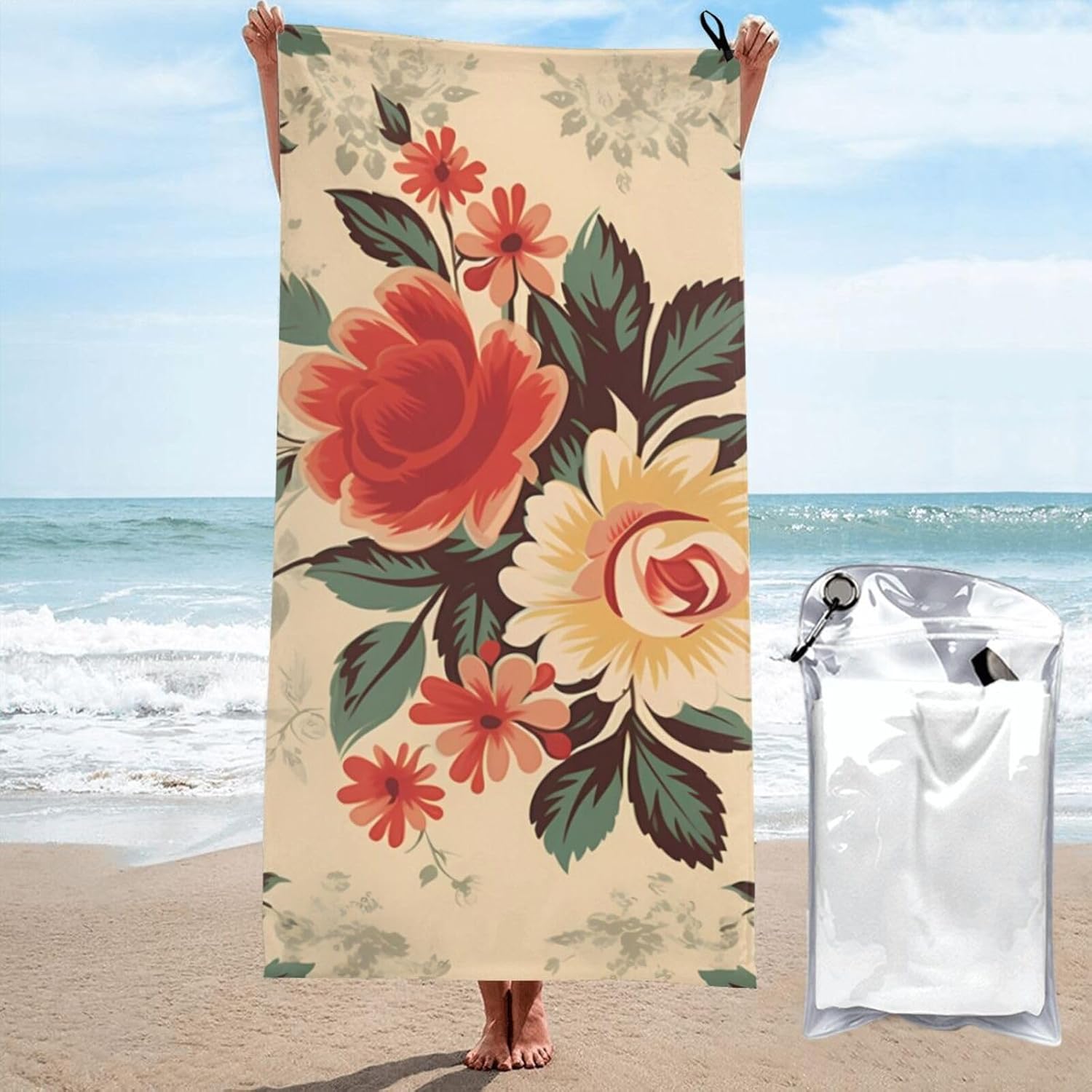 KHiry Microfiber Towel Beach Towels Retro Flower Quick Dry Towel Soft Lightweight Travel Towels Absorbent Large Easy Pack Travel Things Beach Blanket for Gym Sports Swimming