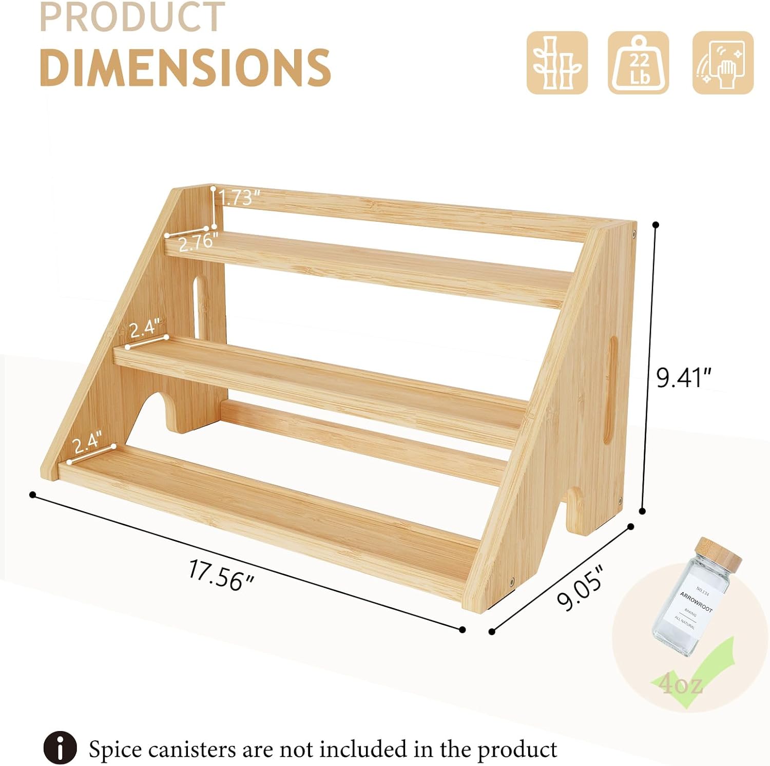 Bamboo Spice Rack Organizer -3-Tier Spice Rack for Countertop,Cabinet Spice Rack Organizer for 24 Spice Jars(4oz)，Step Shelf (yellow)