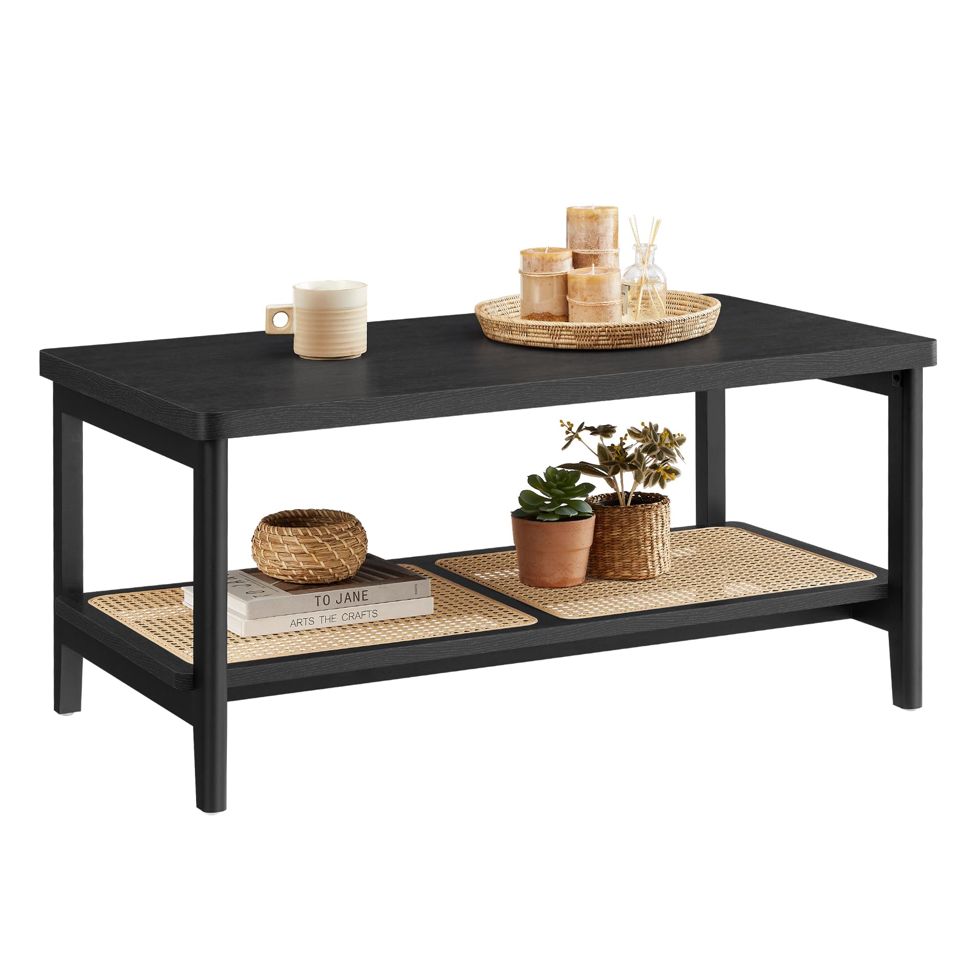 VASAGLE 2-Tier Coffee Table for Living Room, Rectangular Living Room Table, with PVC Rattan Storage Shelf, Rounded Corners, Easy Assembly, Boho Style, 21.7 x 39.4 x 17.7 Inches, Ash Black ULCT240B21