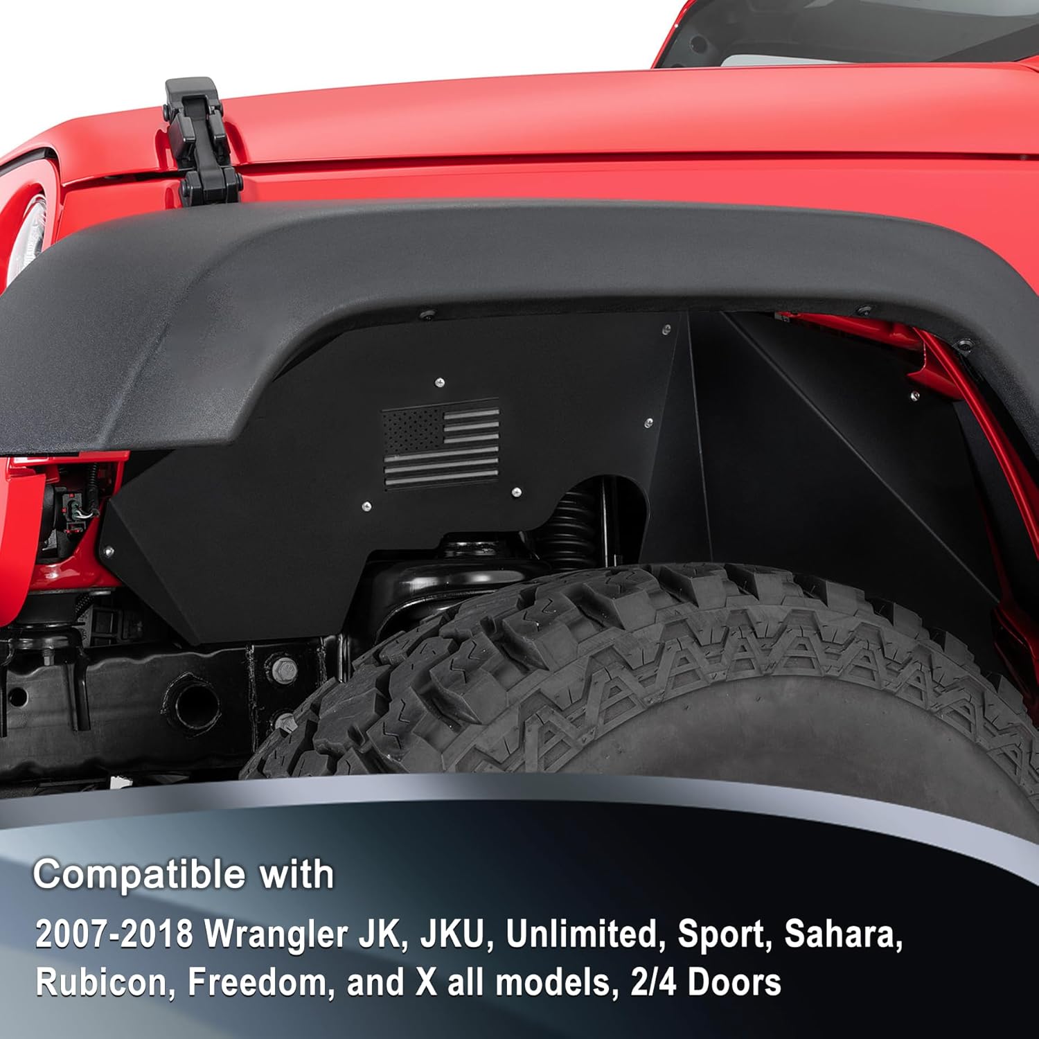 Front and Rear Aluminum Inner Fender Liner Set Compatible with 2007-2018 Wrangler JK JKU, US Flag Pattern, Great Fitting&Easy to Install, JK Accessories, Black 4PCS