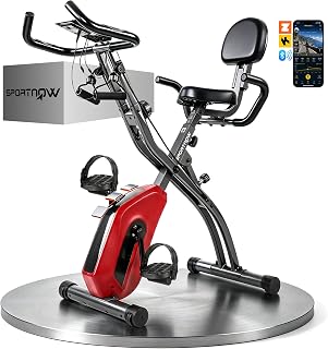 3-In-1 Folding Exercise Bike with Resistance Bands, Indoor Stationary Bike with Bluetooth App, Quiet 8-Level Magnetic Resistance, LCD Display, Pulse Sensor, Adjustable Seat, Wheels