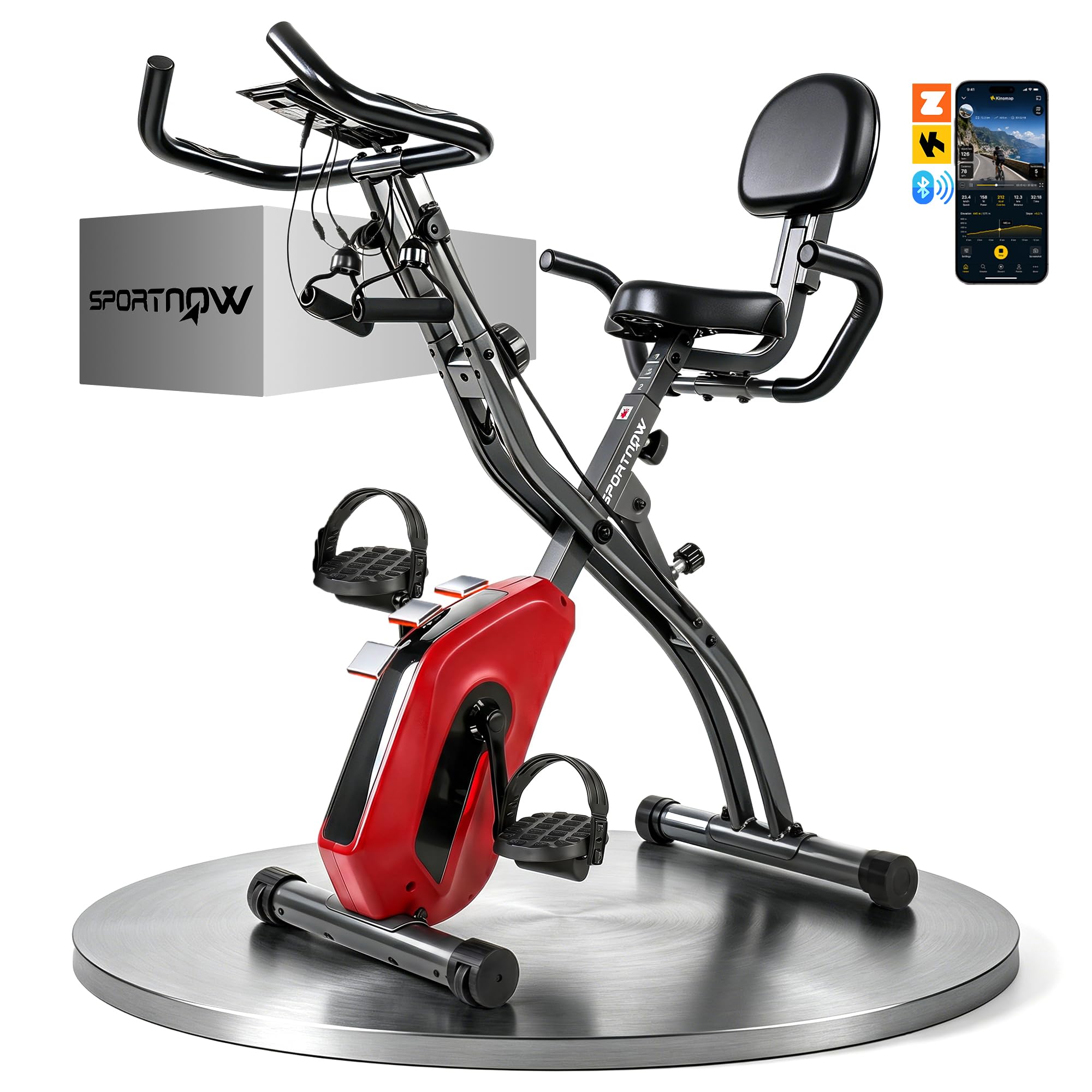 SPORTNOW 4-In-1 Folding Exercise Bike with Bluetooth App, Wheels, Red