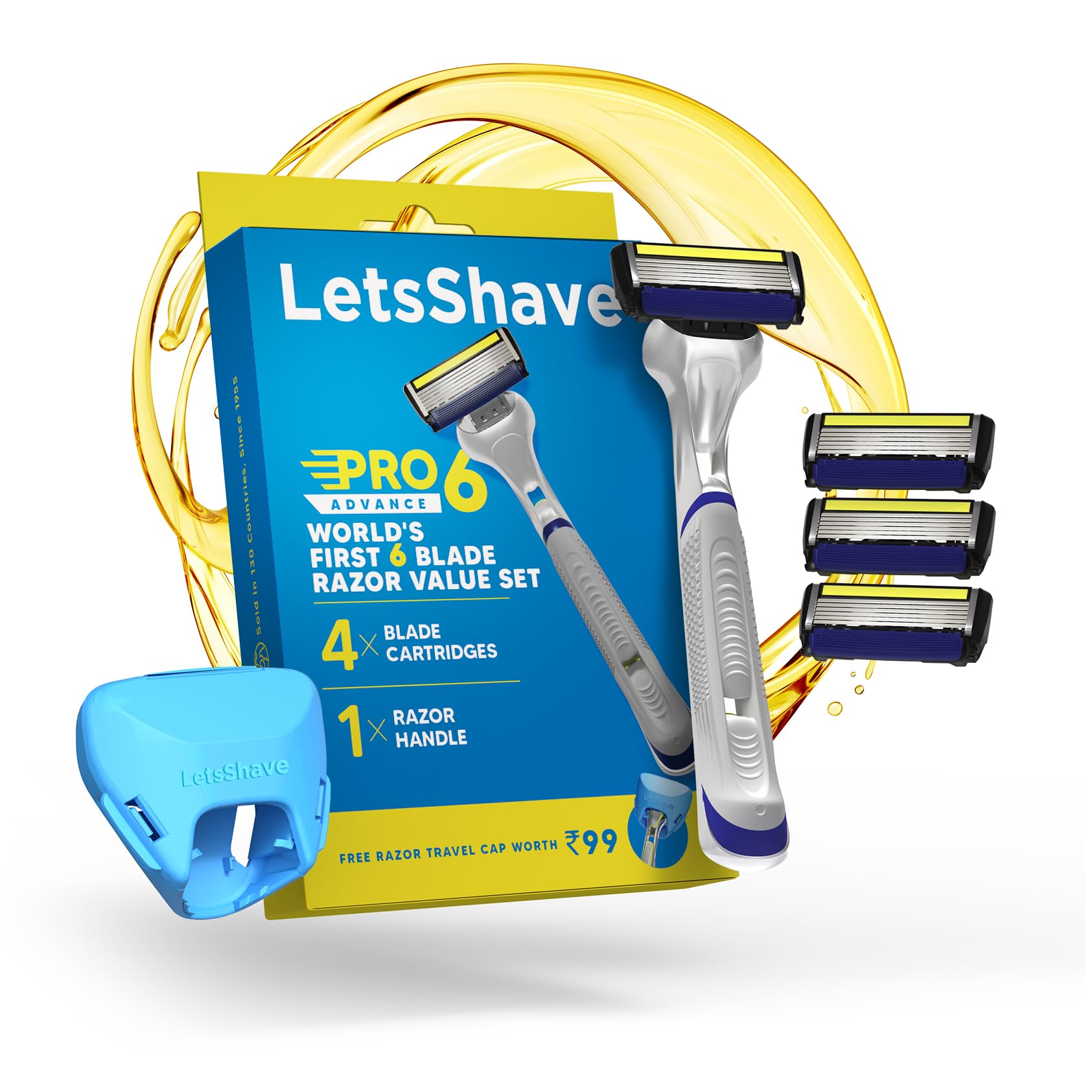 LetsShave Pro 6 Advance Shaving Razor Value Set with 4 Blades 1 Handle + Razor Cap, World's First 6-Blade Razor with Precision Back Blade Argan Oil & Aloe Vera Infused moisturizing strip, Shaving Kit