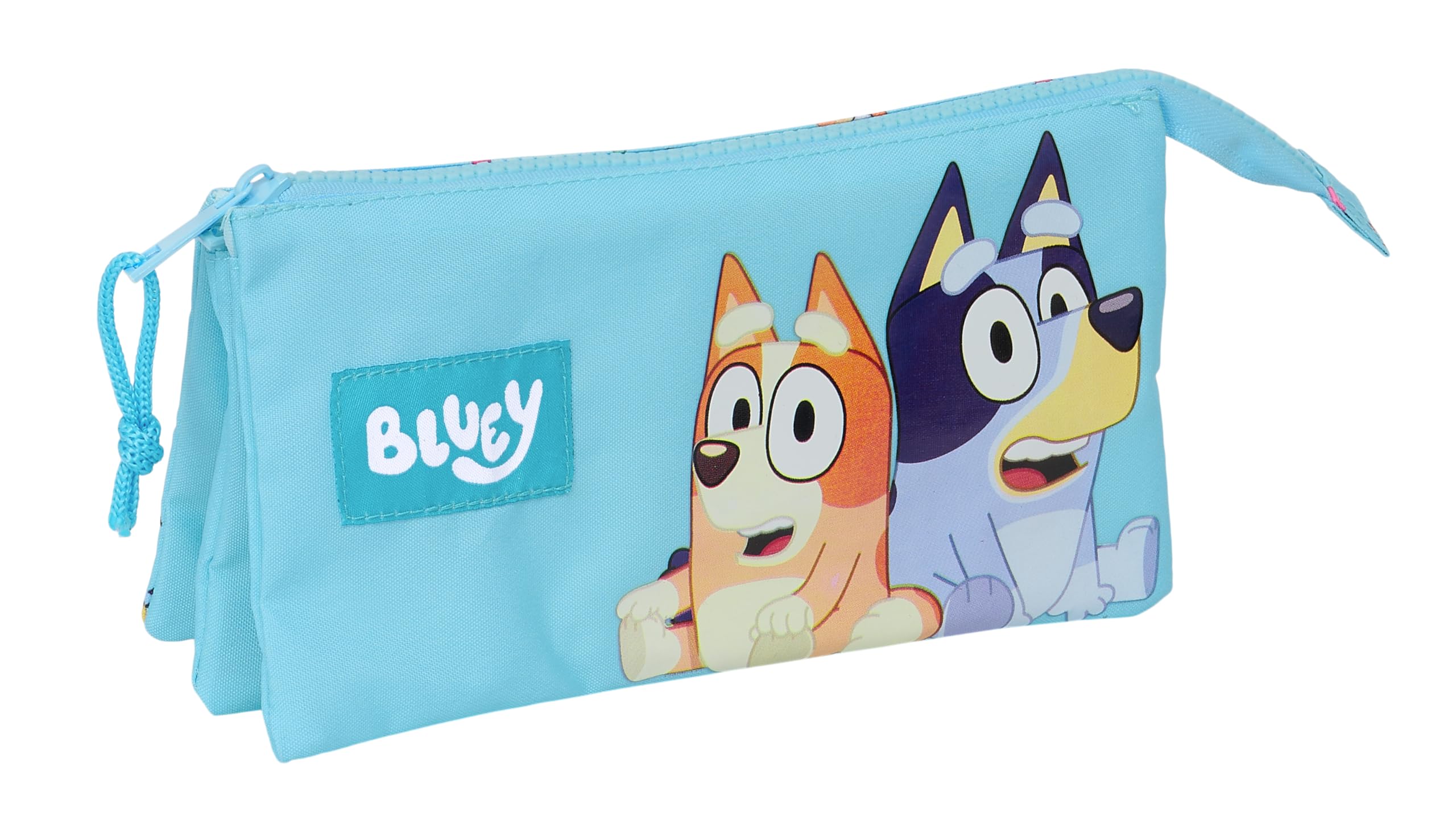 Safta BLUEY - Portatodo Triple, Estuche Infantil, Estuche Niño, Ideal para Niños en Edad Escolar, Cómodo y Versátil, Calidad y Resistencia, 22x3x12 cm, Color Celeste