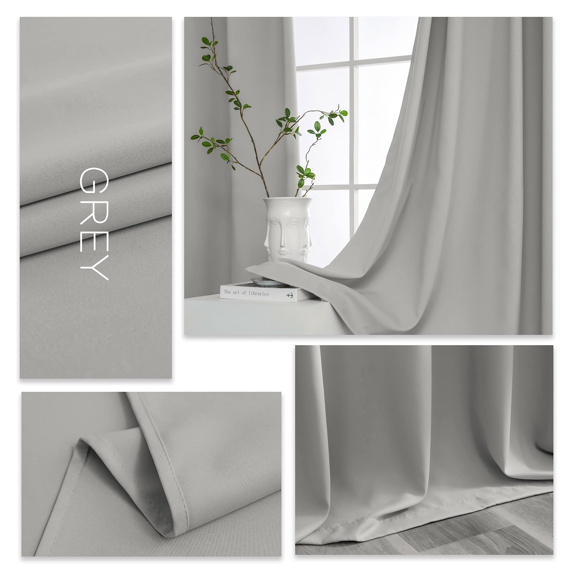 YGO Light Grey Blackout Curtain Panels for Bedroom Windows Thermal Insulated Grommet Top Room Darkening Drapes/Draperies Solid Energy Efficient Bedroom Curtains 52W x 45L inch Length