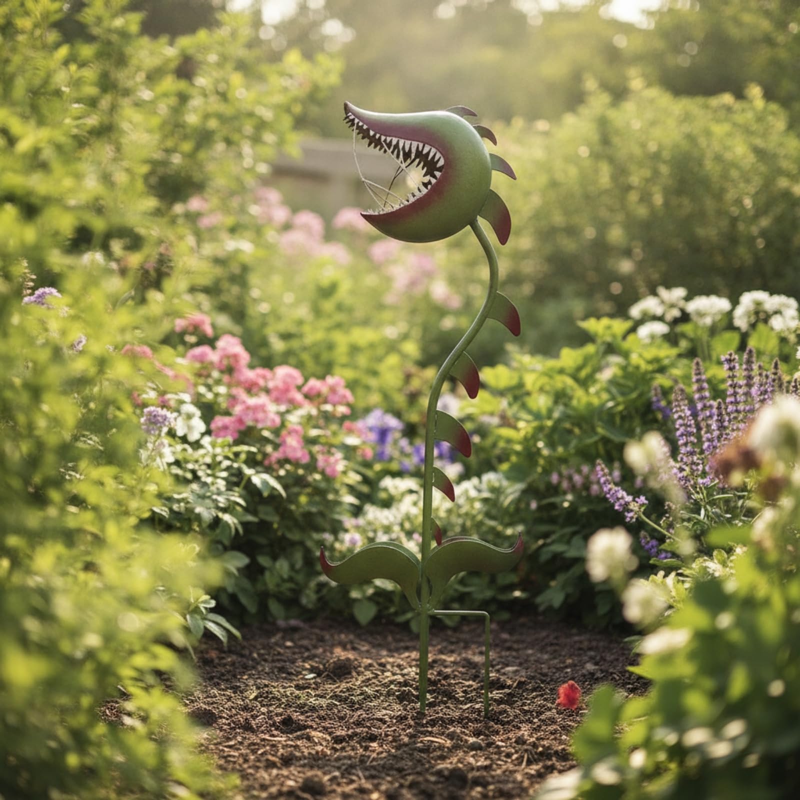 Skurriler Fleischfresserpflanzen-gartenpfahl aus Bemaltem mit Gebogenem Stiel Und Grünen Blättern für Kreative Gartengestaltung für Blumengärten Und Rasenflächen