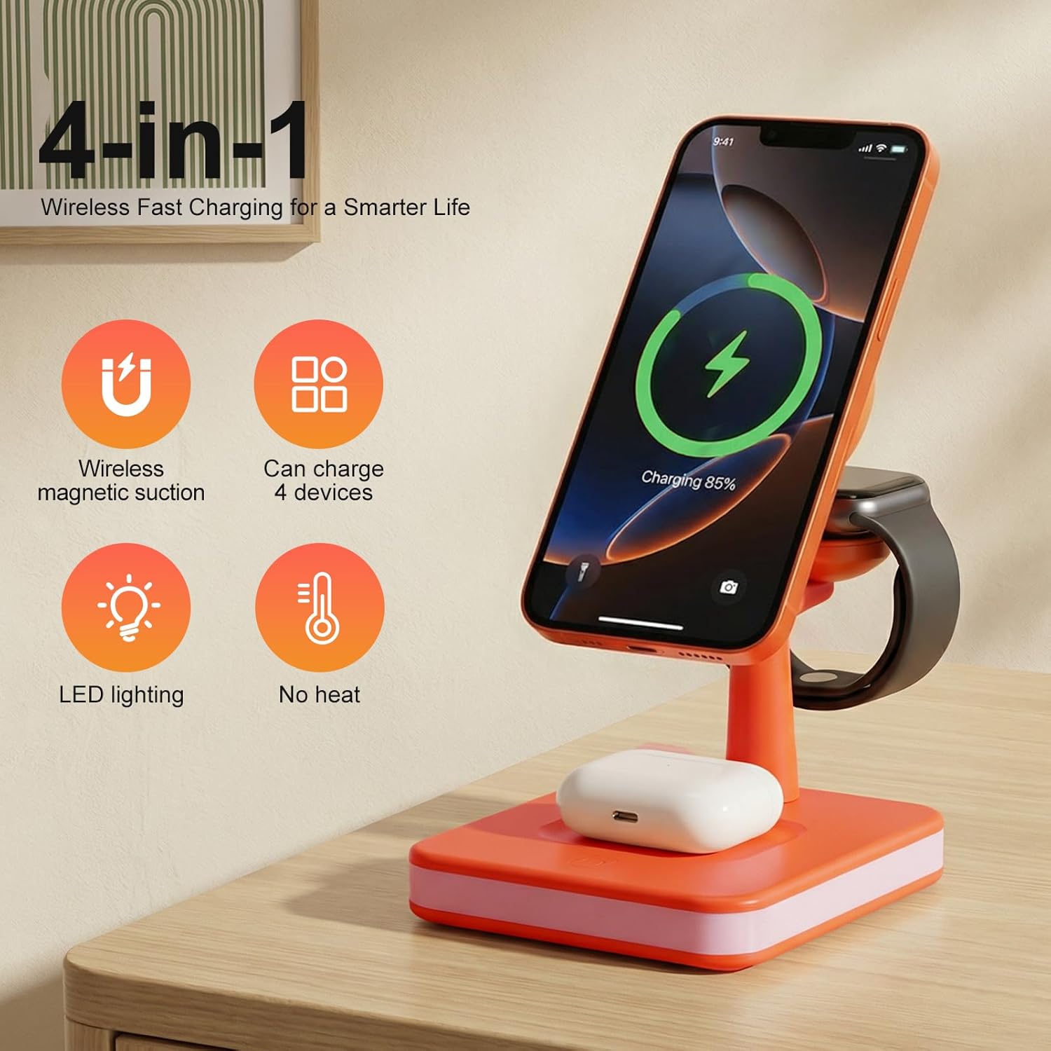 4 in 1 Wireless Charging Station with Light 33W Fast Charger,Charging Station for iPhone Devices(iPhone 17/16/15/14/13/12,ipone Watch Series 10/9/8/7/Ultra 2/SE 2,Air-Pods 4/3/Pro/2)