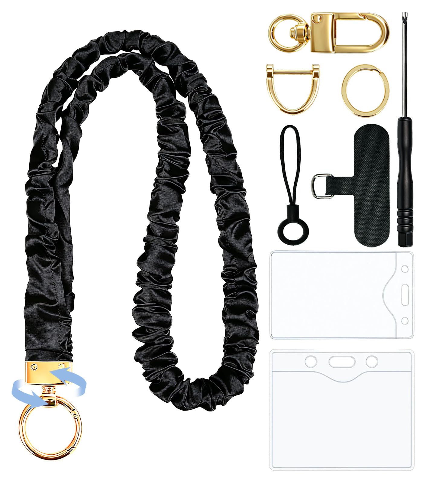 RAYTRUST Scrunchie Lanyard for ID Badges and Keys, Teacher Lanyard for Keys, Soft Satin Neck Strap, Stretchy Lanyards with ID Holder and 2 Badge Holders for Nurses & Office - 19-30" Reach