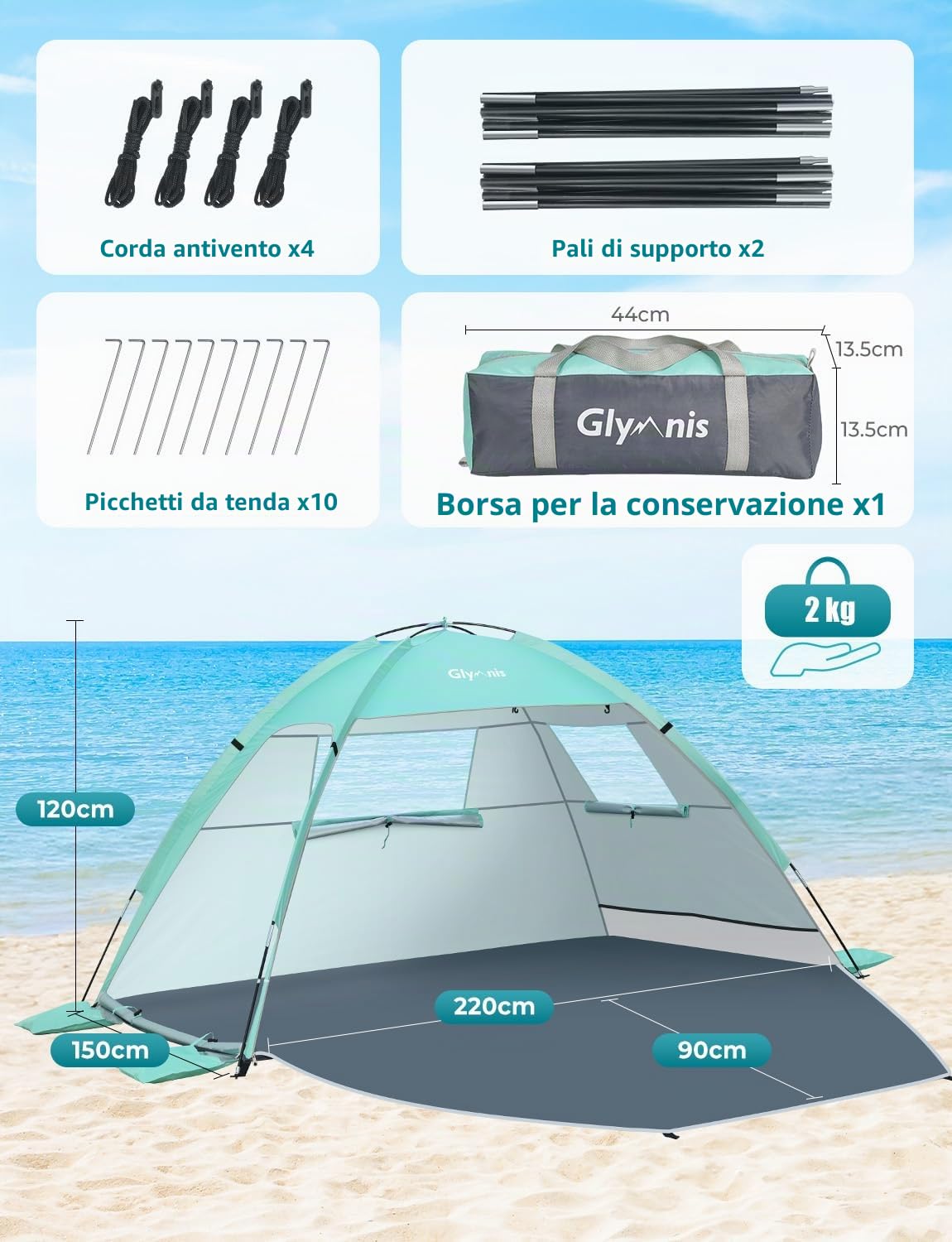 Glymnis Tenda da Spiaggia Portatile con Cerniera, UPF 50+, 2-4 Persone