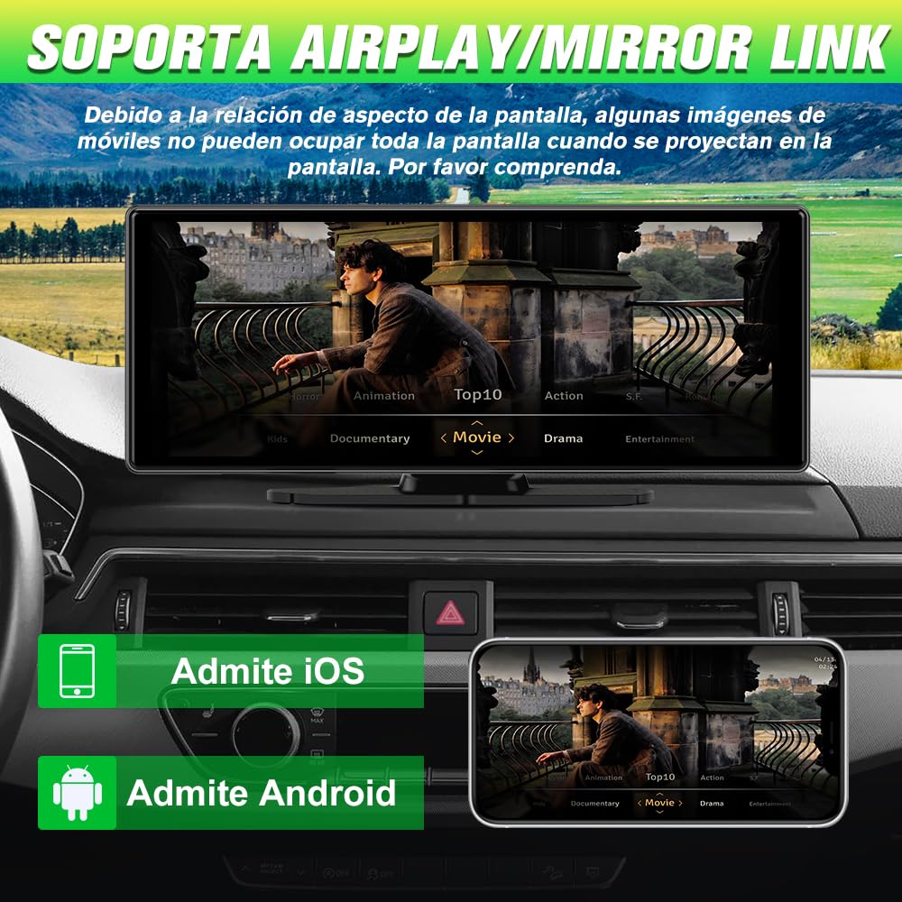 Pantalla Carplay para Coche con CarPlay/Android Auto Inalámbrico, Pantalla Táctil de 10.26 Pulgadas Portátil con Dashcam 4K/Cámara Trasera de HD 1080P/Control por Voz/Bluetooth/Mirror Link