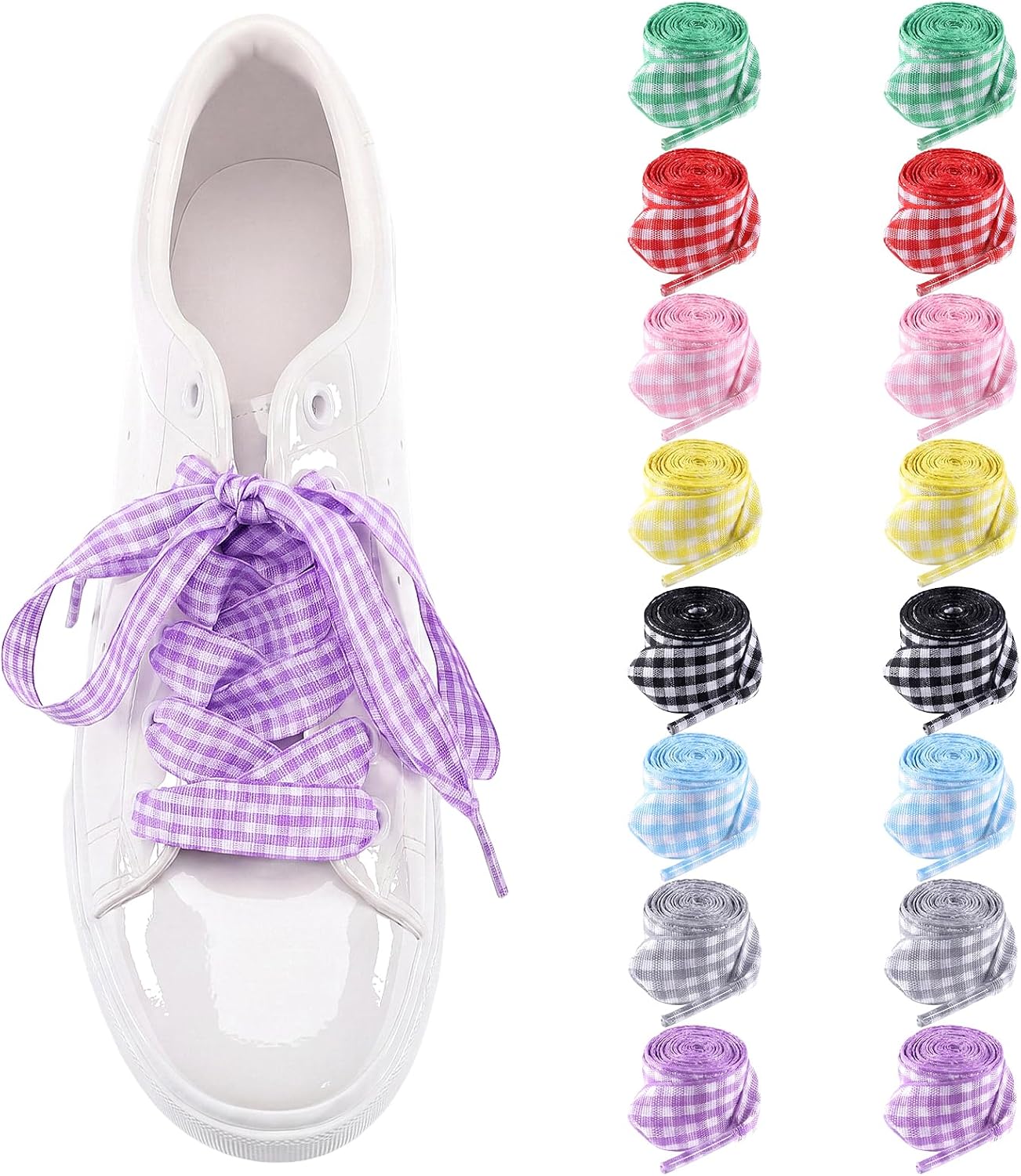 8 Pair Gingham Shoe Laces for Women, Colorful Soft Satin Gingham Shoelaces | Cute Plaid Shoelaces for Sneakers