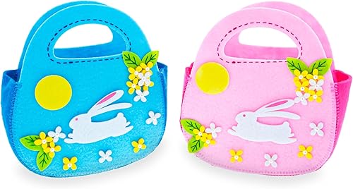 Juego de 2 cestas de Pascua con conejitos blancos de fieltro rosa y azul, 7.5 pulgadas