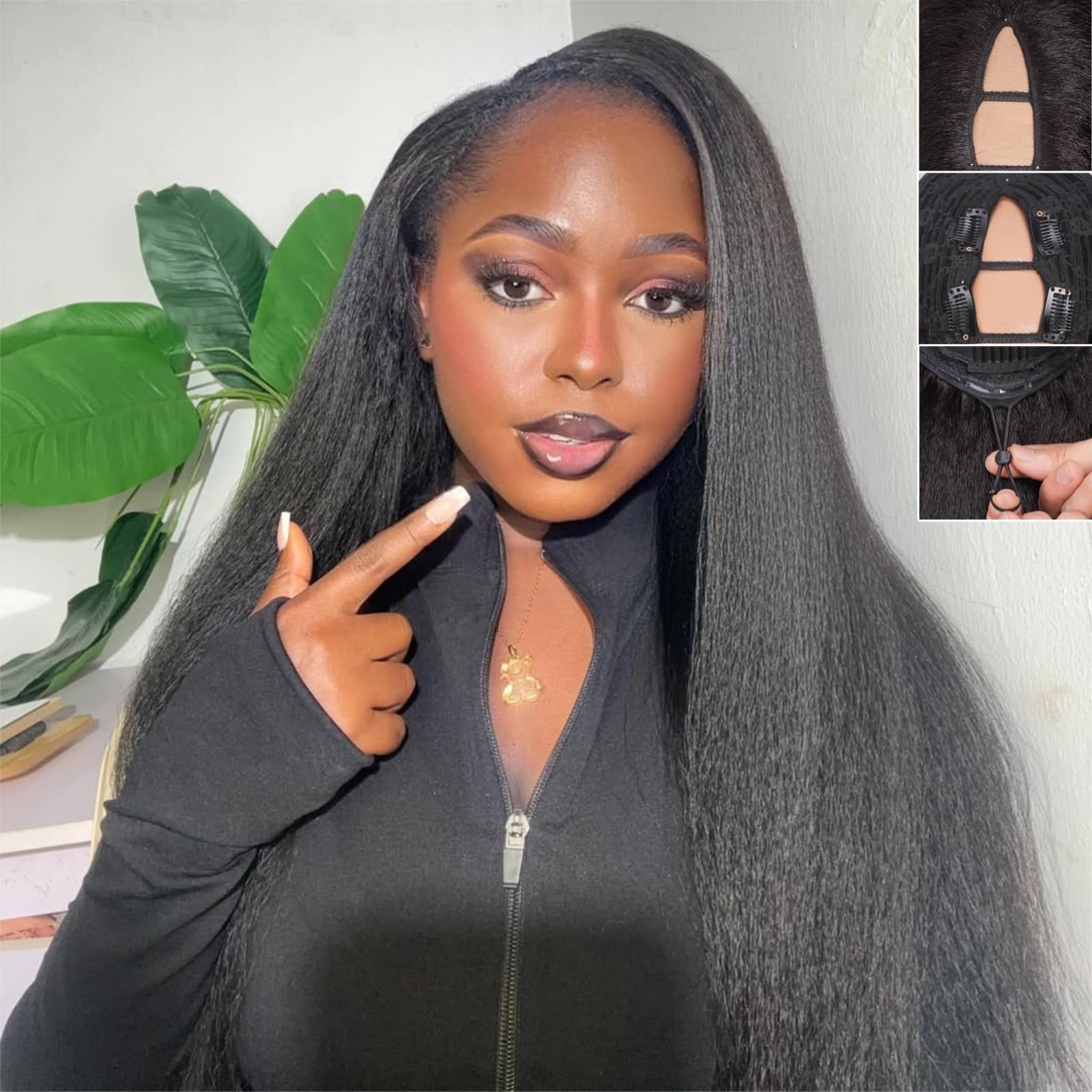 Black Kinky Straight V-Part Human Hair Wig