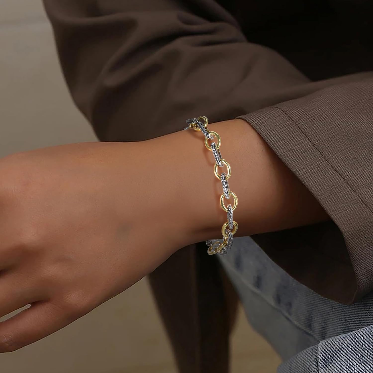 Two Tone Necklace for Women Mixed Metal Bracelet Set Statement Link Chain Gold Silver Jewelry Gifts for Women - Image 5