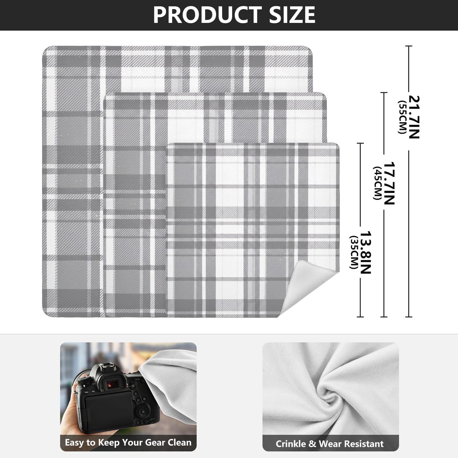 ODAWA Camera Dust Bag 17.7 In, Gray Plaid Self-adhesive Cloth Protective Camera Wrapper, Easy-Storage Magic Cloths for Camera Tablet Laptop