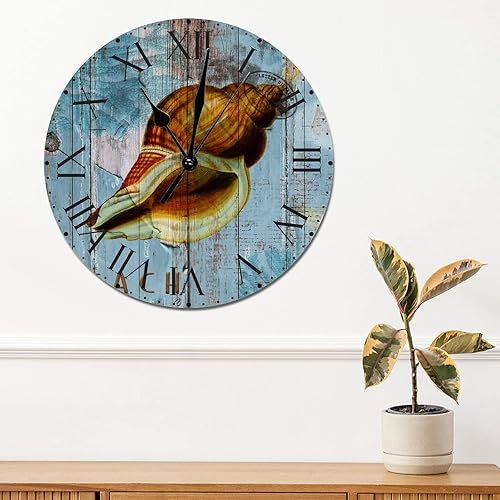 Miniatura 61 de ArogGeld Reloj de pared de PVC de mediados de siglo, concha, números de playa, estilo océano con números romanos de 10 pulgadas, funciona