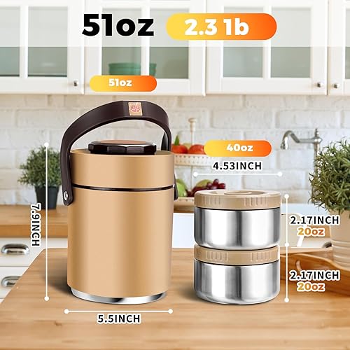 Miniatura 3 de Recipientes de acero inoxidable de 51 onzas con aislamiento al vacío de boca ancha para sopa y comida caliente, contenedor portátil de 2 niveles