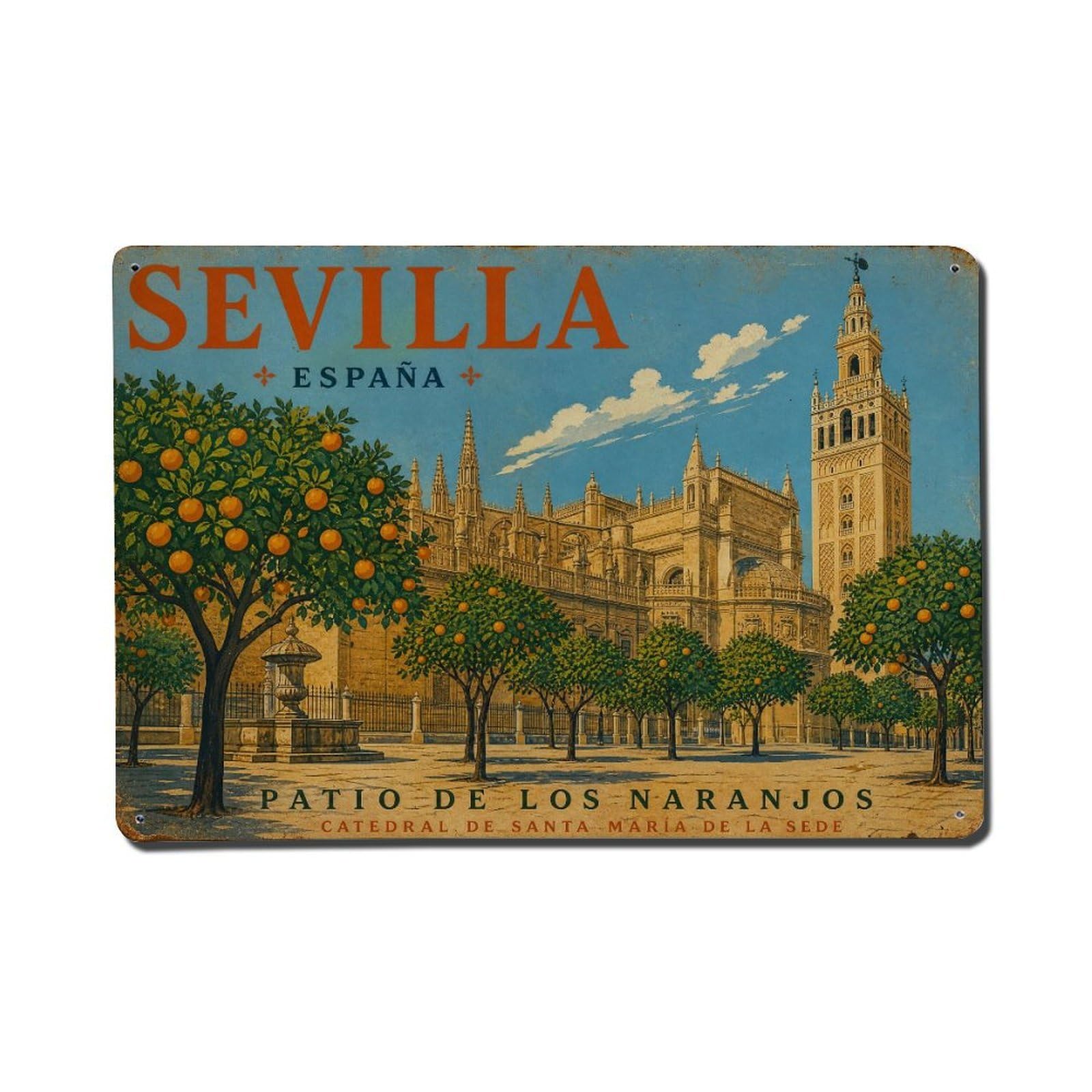 Yrnq 08X12inch Vintage Style Vintage Cathedral Courtyard Orange Trees Patio Spain Metal Tin Sign