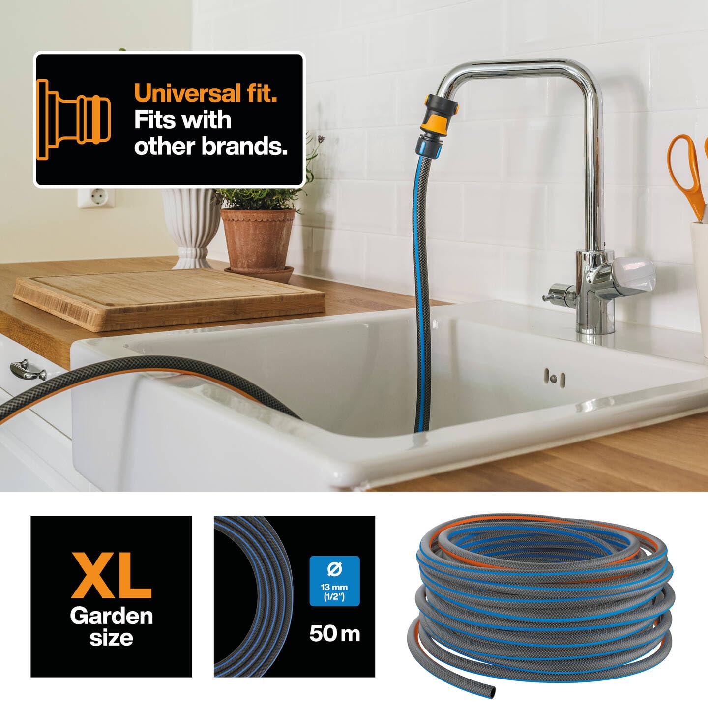 Fiskars Manguera de riego XL, Protegido contra los rayos UV, Probado a presión, Nivel de rigidez a la torsión 4 (sobre 5), 50 m, Ø 1,3 cm (1/2''), 7 kg, Negro/Naranja/Azul, 1027106
