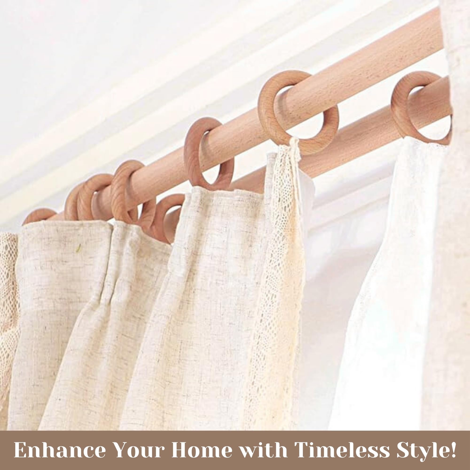 Lot de 50 anneaux en bois de hêtre naturel faits à la main pour tringle de 2,5 à 5,1 cm, diamètre intérieur de 5,6 cm, beige