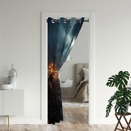 Miniatura 2 de Cortinas de puerta de calavera espeluznante para puertas, cortina opaca de cementerio de fiesta embrujada de Halloween aterradora para armario de