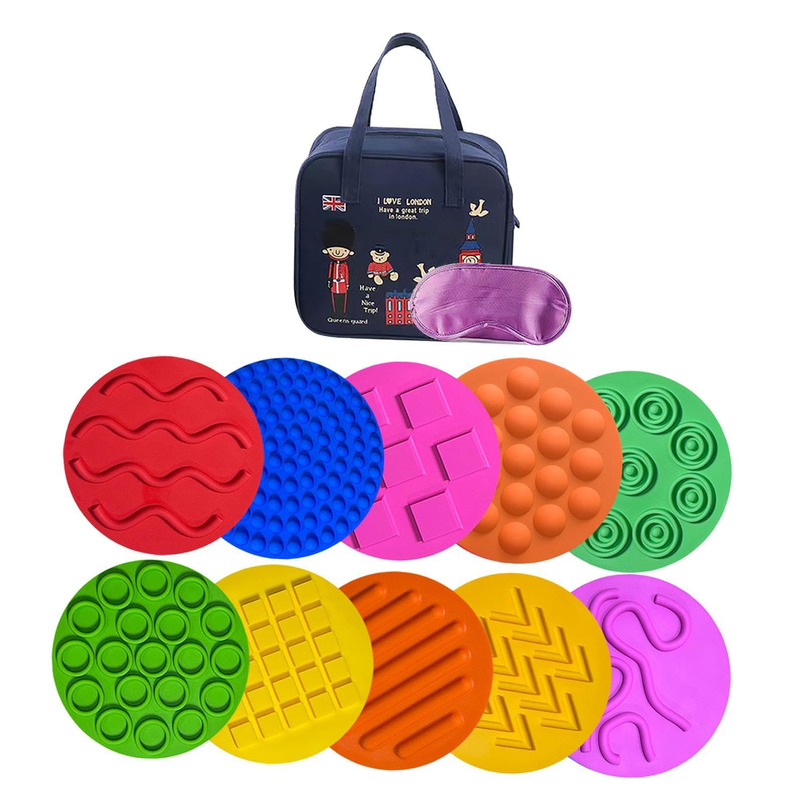 Confezione da 10 Cerchi E Tappetini Sensoriali per Bambini, Dischi in Silicone per attività di Apprendimento, Borsa Inglese