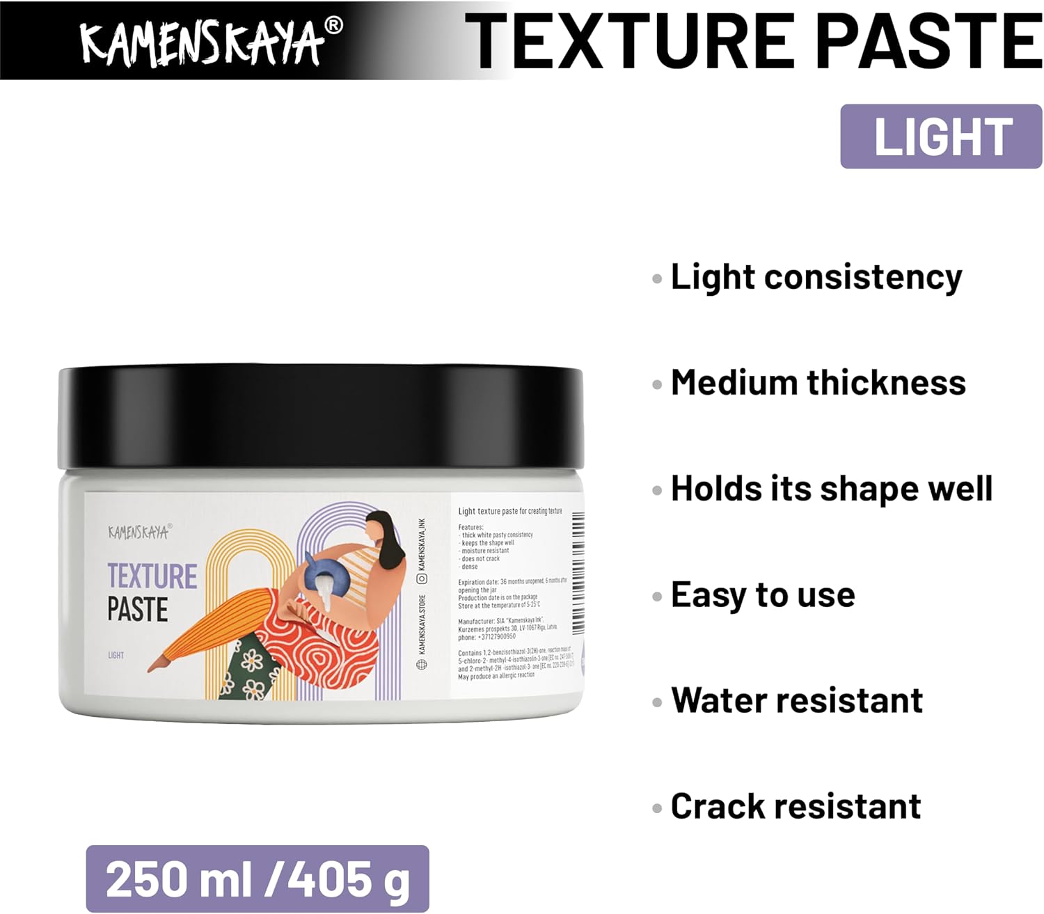 KAMENSKAYA Light Texture Paste 8.45 fl oz / 250 ml – Acrylic Modeling Paste for Canvas, White Texture Medium for Acrylic Painting, Crack-Resistant, Sandable, Made in EU