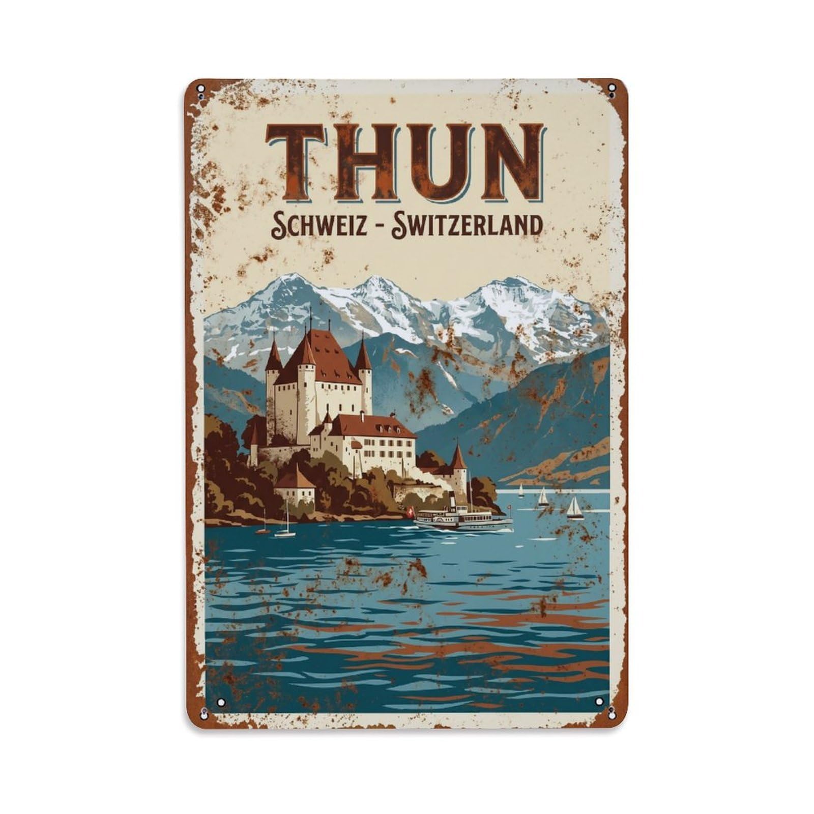 Vintage Travel Thun Switzerland Metal Tin Sign Wall Decor for Cafe, Club, Garden Metal Poster 8x12Inch