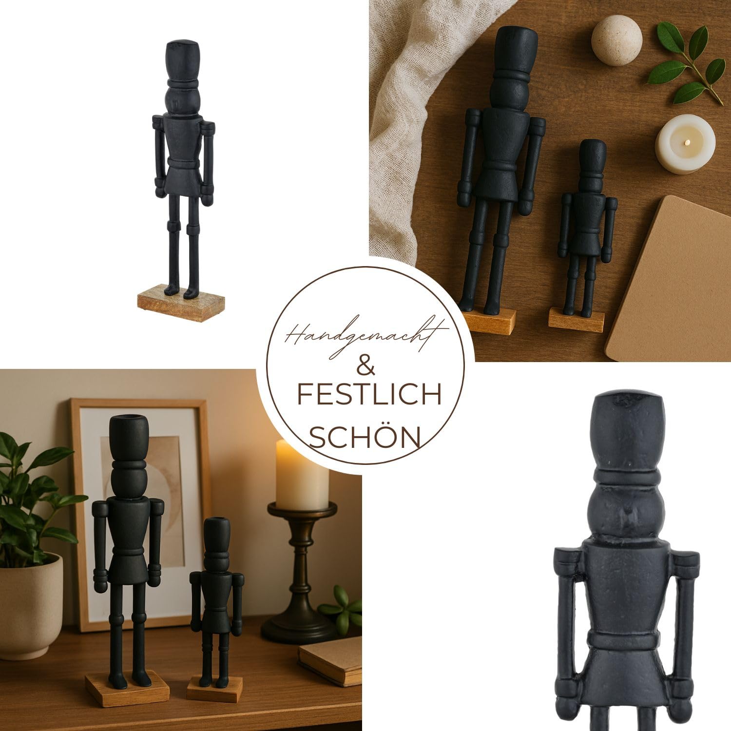 Marrakech Lot de 2 figurines Casse-noisette - Noir - 32 et 22 cm - Décoration de Noël élégante en aluminium - Présentoir décoratif moderne comme rebord de fenêtre - Décoration de l'Avent scandinave
