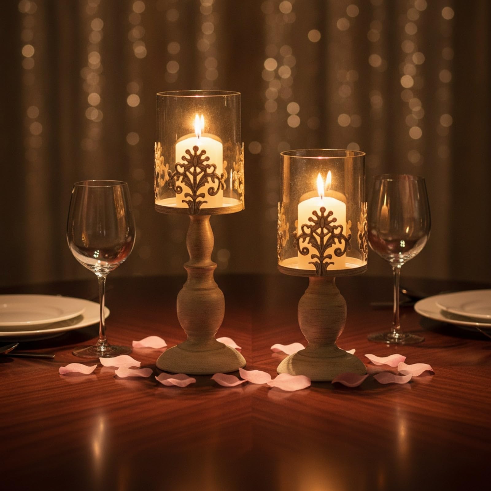 KESOTO 2 Pezzi Portacandele a Piedistallo | Decorativo, Portacandele in ferro Copertura in, Romantico, per Decorazione Domestica, Feste, Consolle D'ingresso, Beige