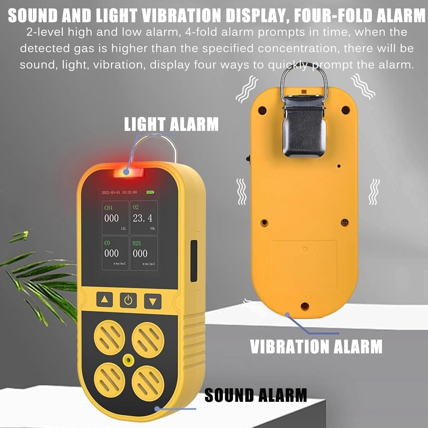 Multi-Gas Monitoring Tester, Portable Four-in-one Gas Detector with Quadruple Alarm, Sound, Light and Vibration Display, Support Data Export, Suitable for Industrial use