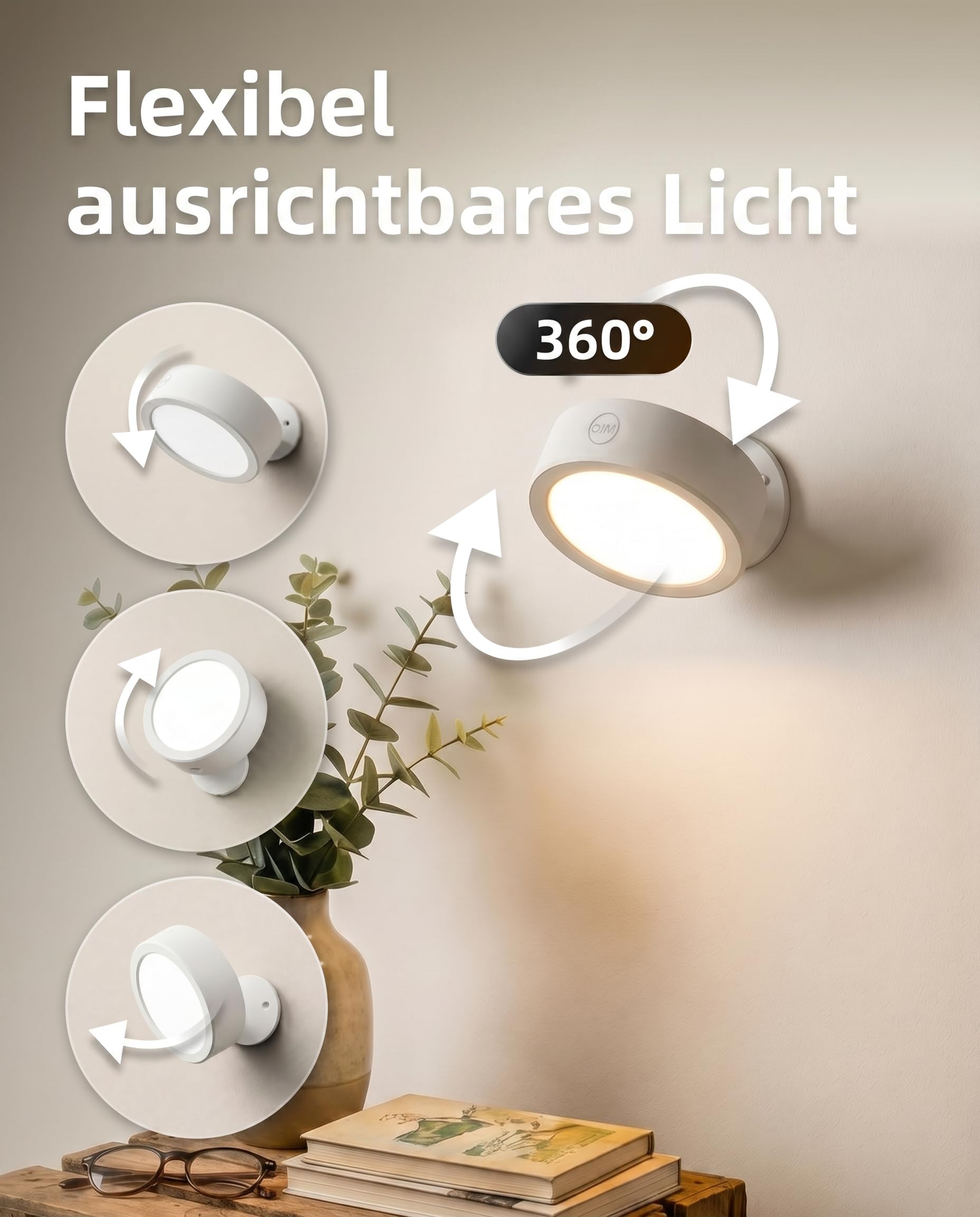 EZVALO Wandleuchte Innen mit 3000 mAh Akku, 2 Stück (3,7 Zoll) Wandleuchte kabellos mit Fernbedienung, 3 Farbmodi dimmbar LED-Akku-Wandlampe für Wohnzimmer, Schlafzimmer, Kinder, Grauweiß