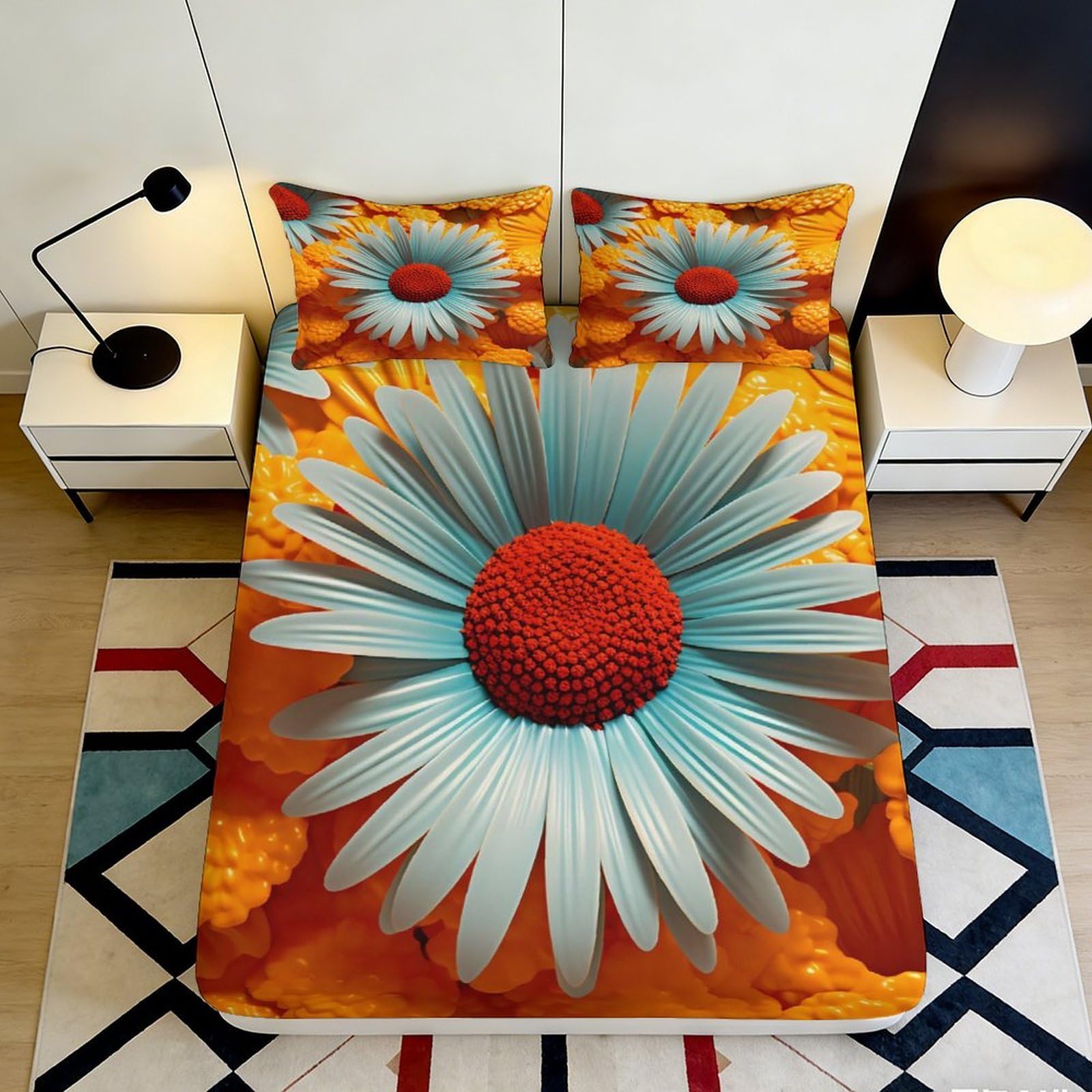 3D Printed Sunflower Fitted Sheet Microfiber Deep Pocket Bedding Set Sunflower Mattress Fitted Cover Non-Slip Elastic Hem Washable 180x200x25cm