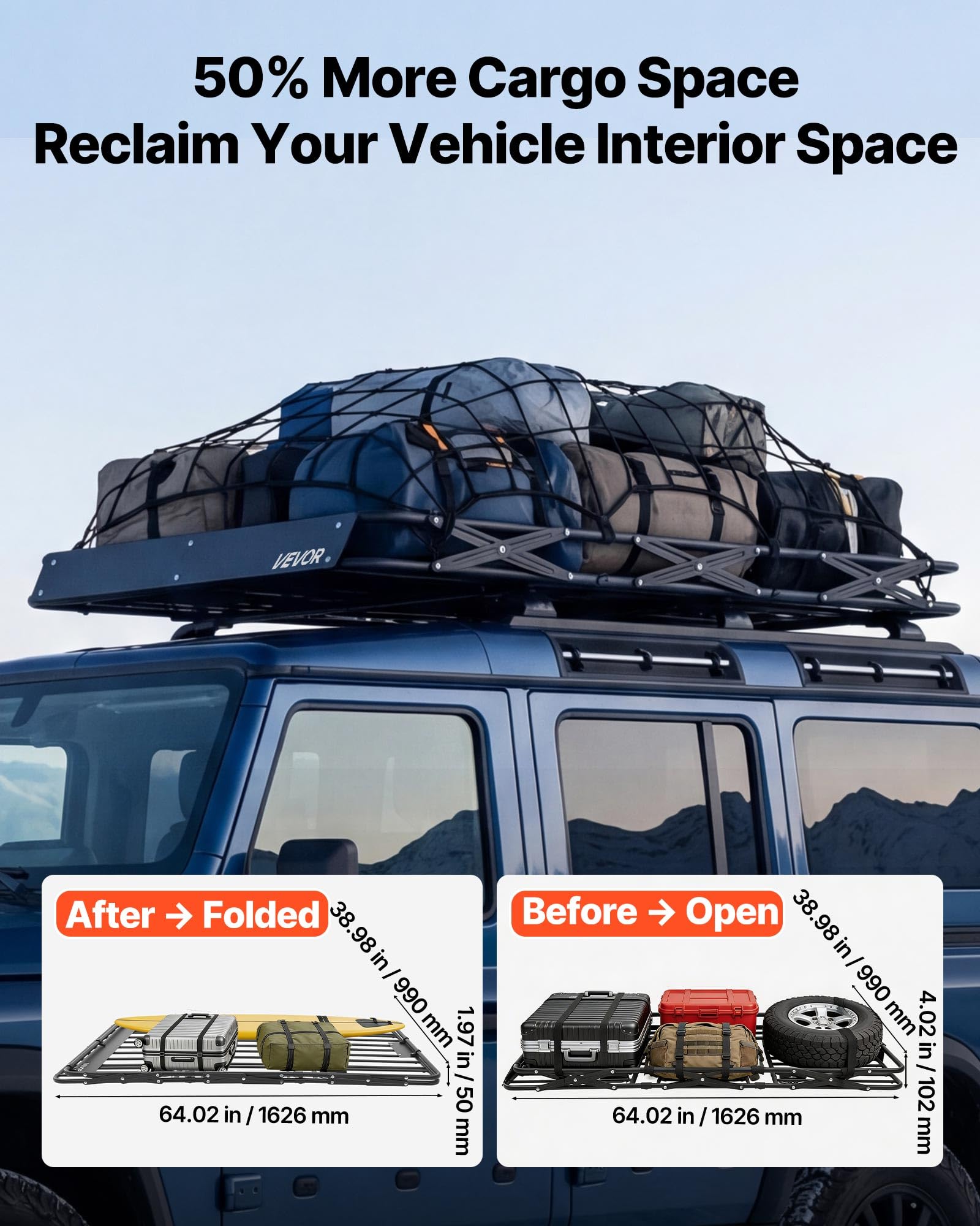 VEVOR Barra Portapacchi da Tetto da Auto, Portapacchi da Tetto per Auto 1626 x 990 x 102 mm Telaio Pieghevole a Forma di X, Carico max 90,72 kg Universale per SUV Furgoni, Campeggio, Viaggio, Pesca