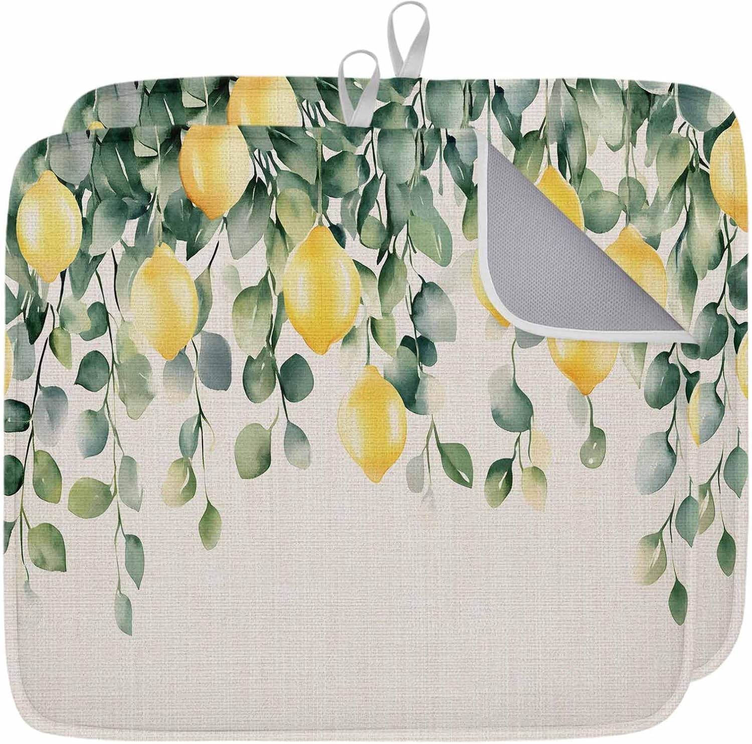 Farm Lemon Eucalyptus Leaves Dish Drying Mats for Kitchen Counter,Absorbent Microfiber Dish Drainer Rack Mat Country Fruit on Retro Linen Drying Pad for Sinks,Utensils,Countertops,18x24in
