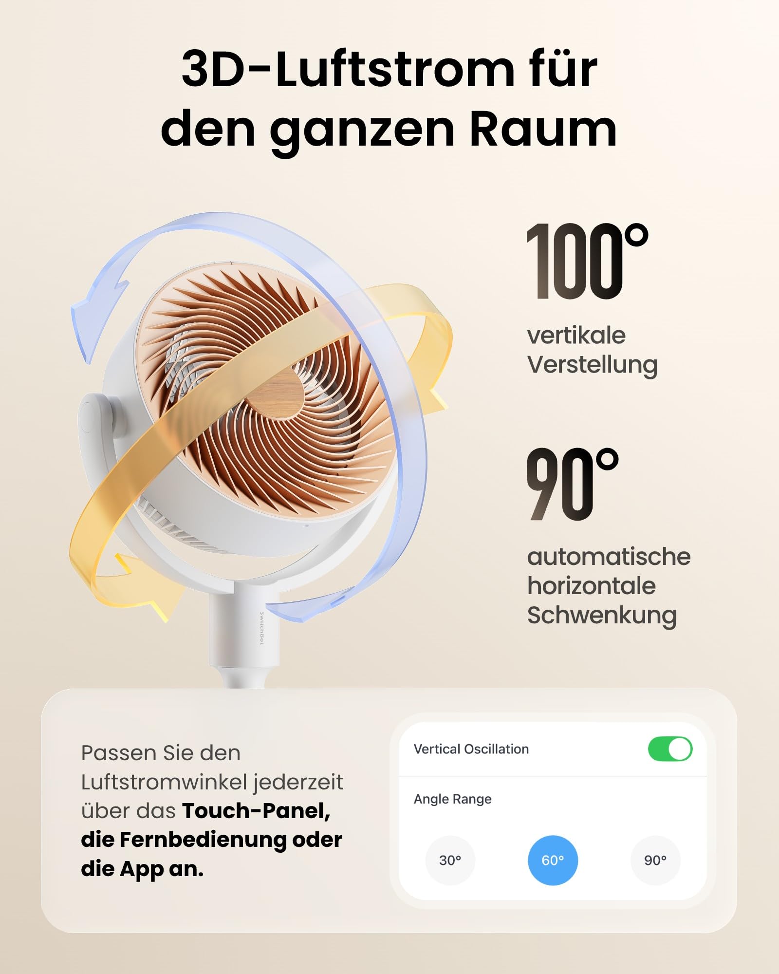 SwitchBot Standventilator mit RGB-Beleuchtung, 22 dB leise, Matter, 9,15 m³/min Luftstrom, höhenverstellbar, 4 Modi, 9 Geschwindigkeiten, 9h-Timer