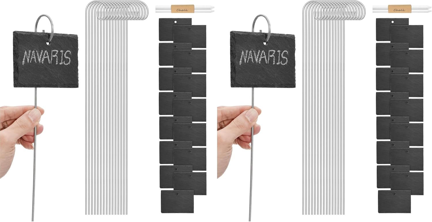 Navaris Slate Plant Labels (15 Pieces) - Garden Marker Label Signs with Stakes - Markers for Plants, Vegetables, Herb Gardens - with Chalk Pencils - Rectangular (Pack of 2)