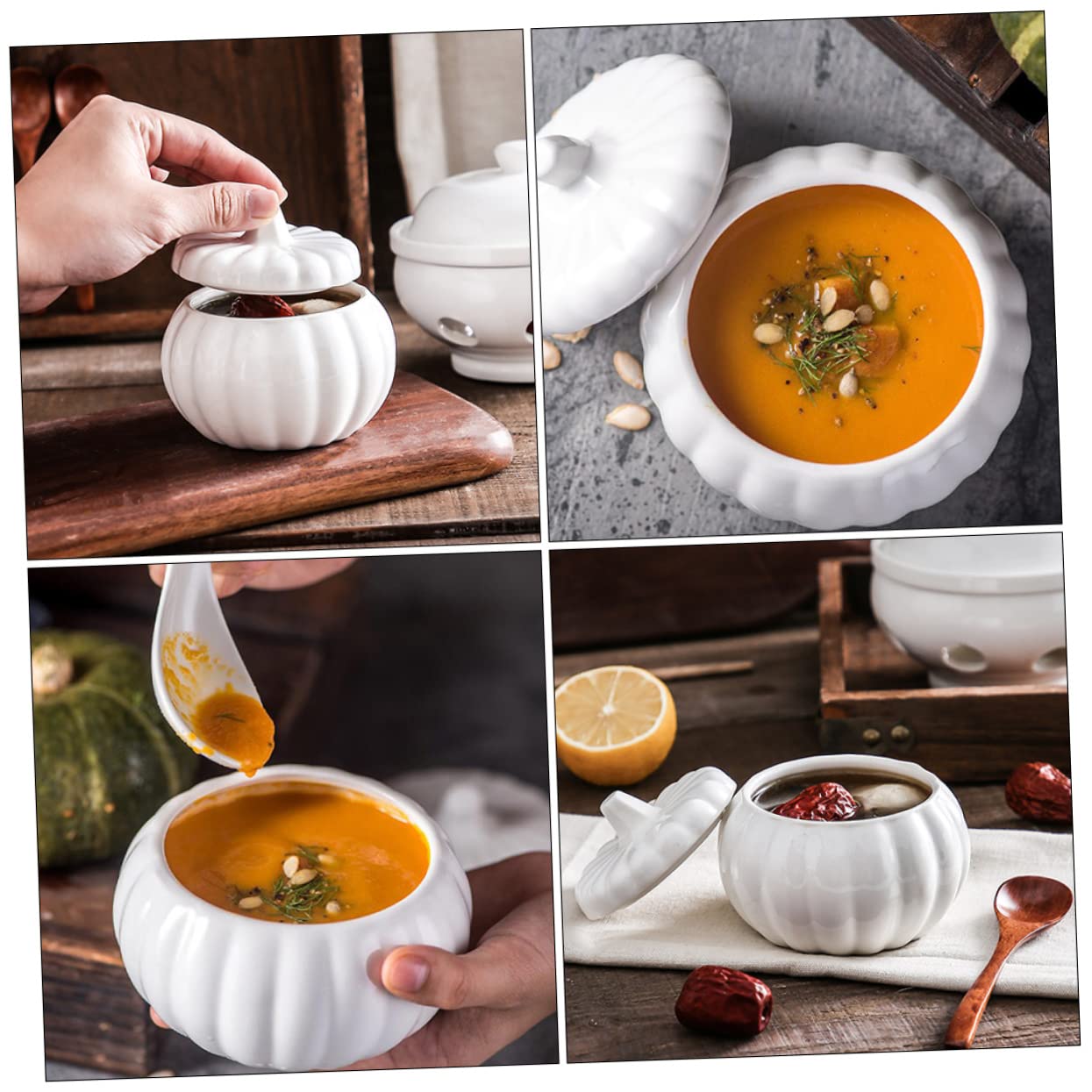Ciieeo Suppe Terrine 4 Stück Kürbis Suppentasse Geschirr Obstplatte Suppenterrine Beikost Behälter Soup Bowl Reis Kleiner Schmortopf Ramen Schüssel Suppenschüssel Suppenbehälter Aus Keramik Weiß