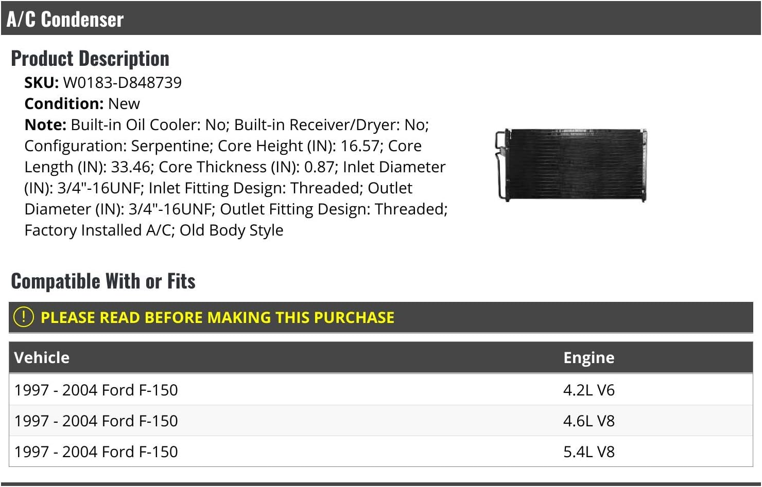 A/C Condenser with Built-in Oil Cooler - Compatible with 1997-2004 Ford F-150