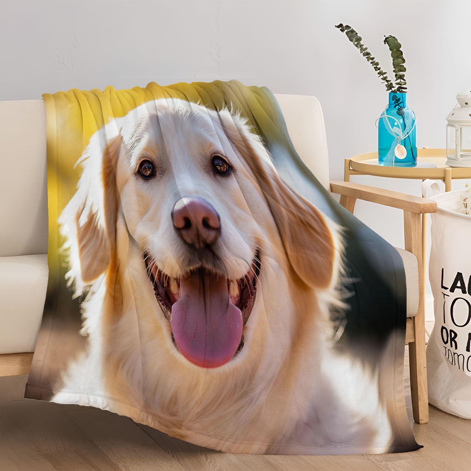 Prezent Golden Retriever Flanelowy Koc Puszysty Kremowy Prezent na Walentynki Rocznica Urodziny Żona i Mąż Dziewczyna Chłopiec 180 X 200 cm