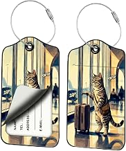 Airport Traveler Cat Luggage Tags for Suitcases, 2 Pack PU Leather Bag Tags | Privacy flap hides address card, steel wire loop fits carry-ons, backpacks, work totes, school bags, gym totes and daily use
