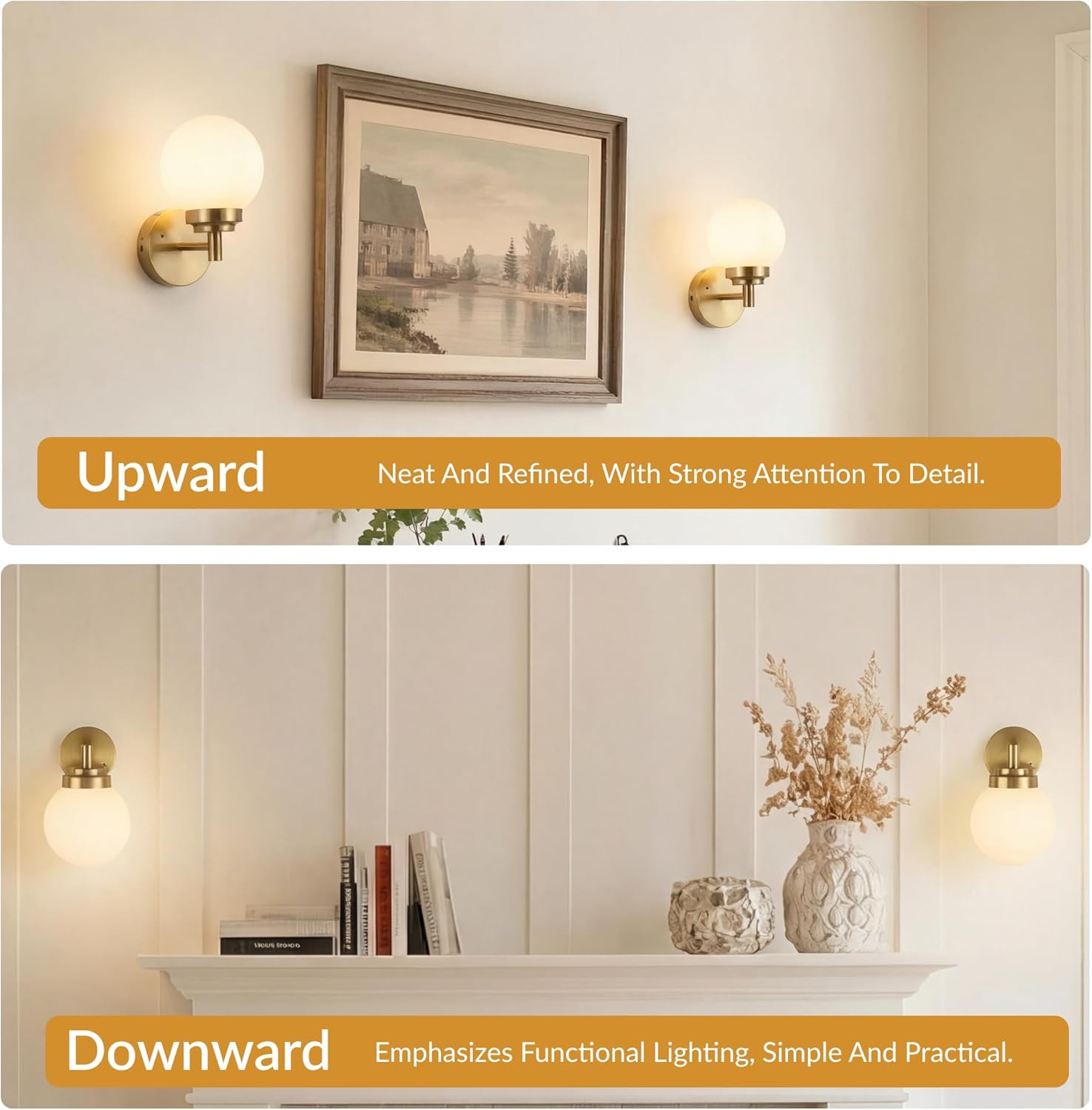 Set of 2 Rechargeable Wall Sconces with Remote, 3-Color Temperature & Dimmable, Modern Gold Cordless Wall Lights with Opal Glass Globe Shade