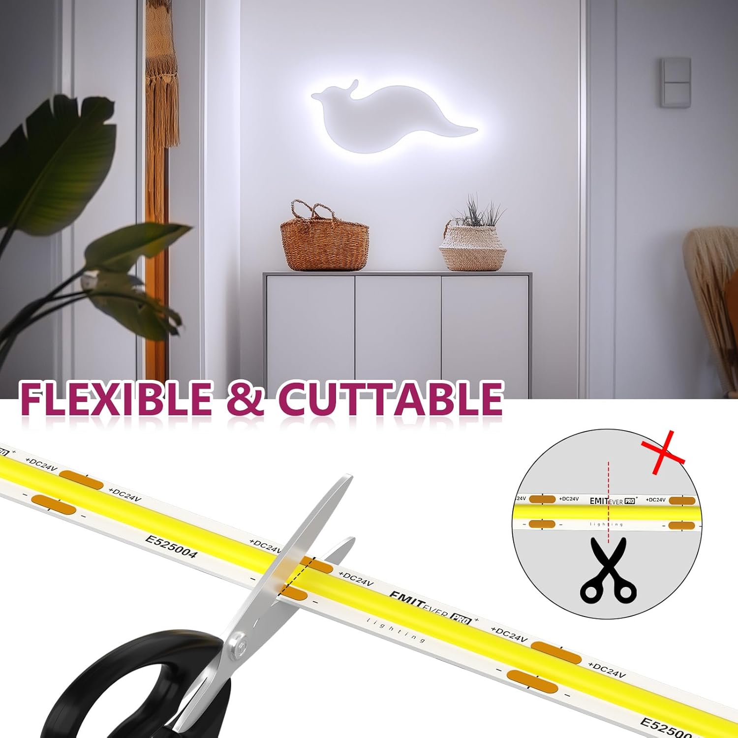 EMITEVER COB LED Strip Lights White, 5000K Tape Light Premium High Density, DC 24V, 360+Lumens/ft, 5120LEDs/Spool, Ra 90+, 32.8ft/10m, UL Listed 5 Year After-Service(Power Supply Sold Separately)