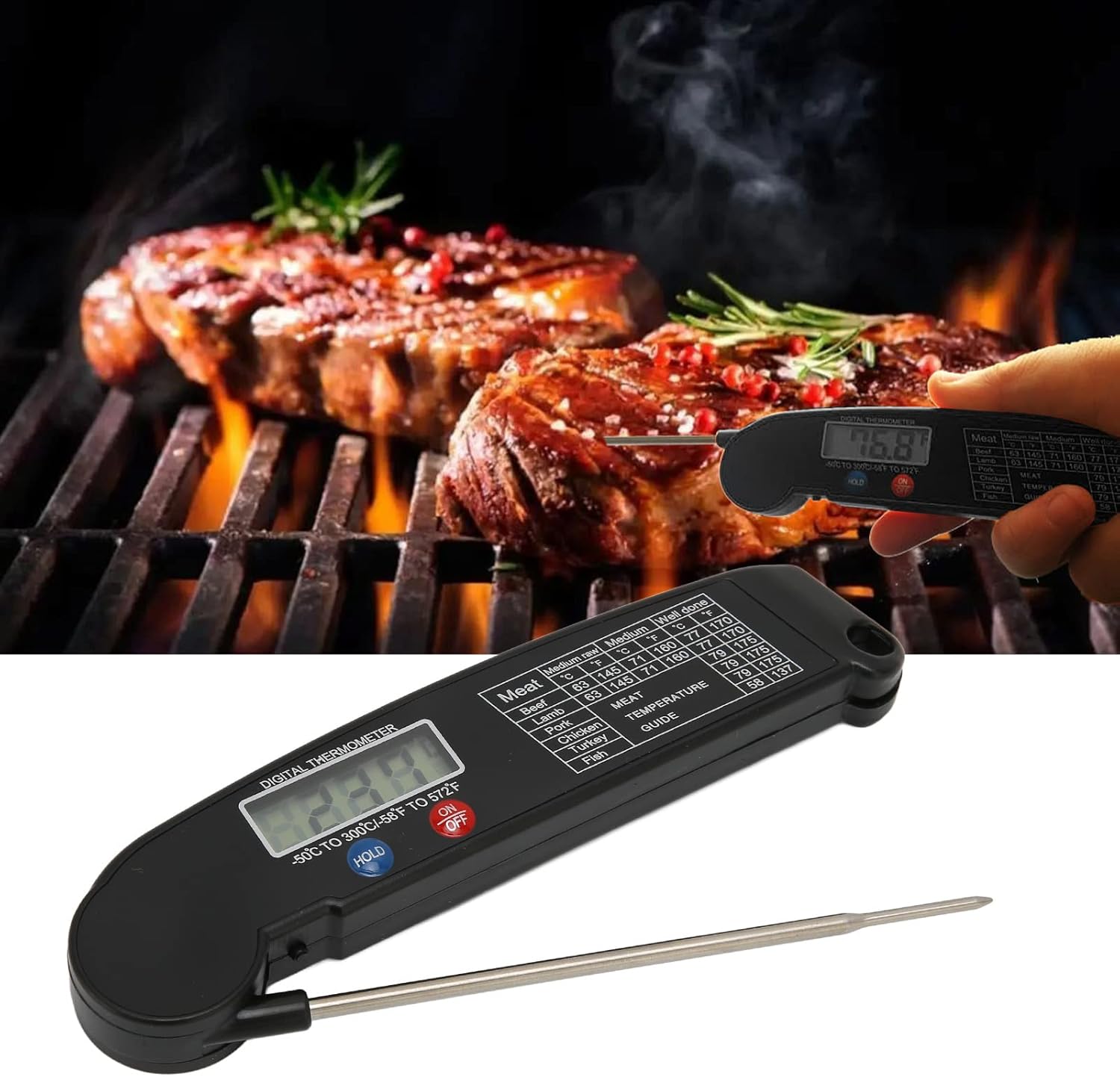 review Digital BBQ Meat Thermometer, Sensitive Read Portable Multifunction High Accuracy BBQ Thermometer Slim Design for Food Cooking(Black)