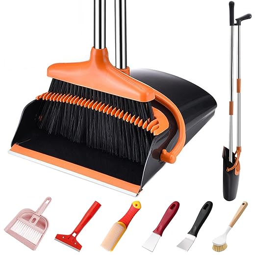 Broom and Dustpan Set with 45.3" Long Handle, Windproof Stand Up Dustpan with Broom Combo for Home Kitchen Room Office Lobby Floor Use