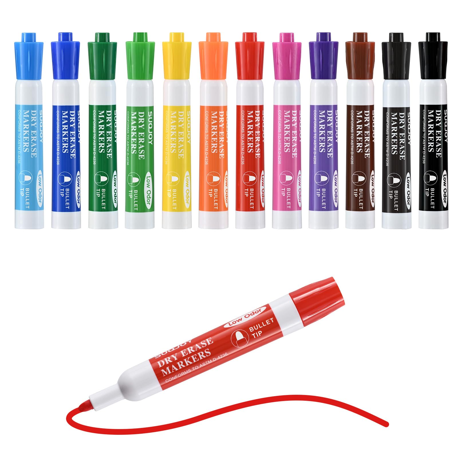 SUQJOY Whiteboard Pens, Dry Wipe Whiteboard Markers, Bullet Tip, Low Odour, Wipe Clean, Roll-Resistant Cap, 12 Colours, Pack of 12 โ image 1